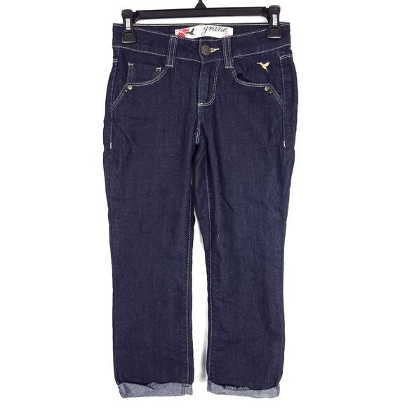Grane Dark Wash Stretch Low Rise Crop Capri Rolled Hem Denim Jeans Size 0 - Picture 1 of 7